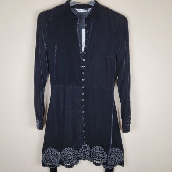 Zara Black Velvet Embroidery Mini Dress Long Sleeve Size XS NWT - Picture 2 of 16